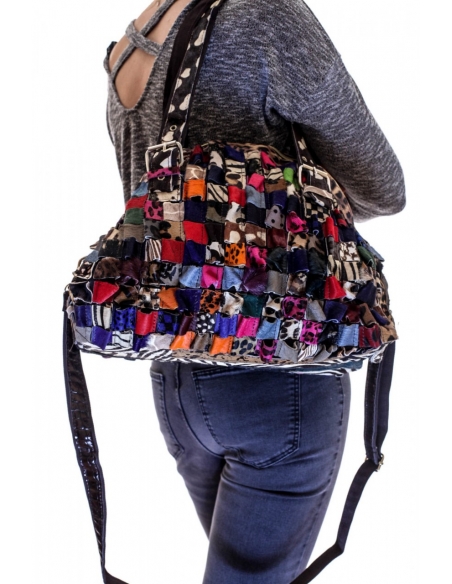 Geantă din piele cu blana naturala multicoloră